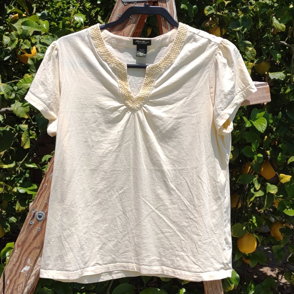 Eddie Bower Yellow T-Shirt Embellished Neckline XL